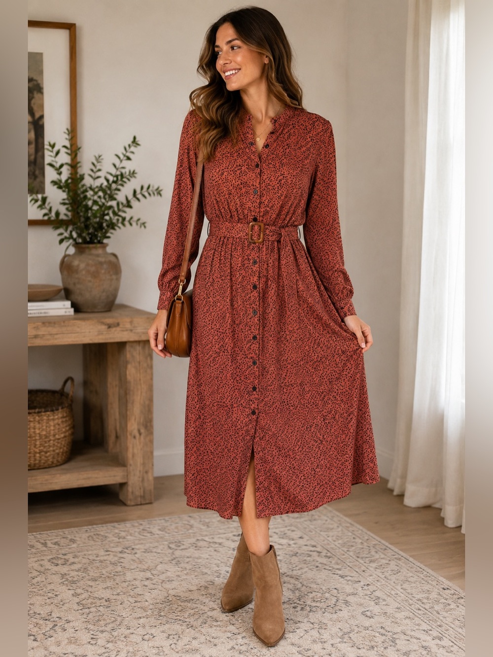 Rust Black Button-Front Rust Midi Dress with Belt Size XS/S Boho Cottagecore